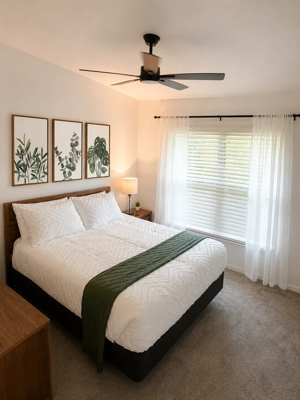 Third bedroom with white bedding and green accents