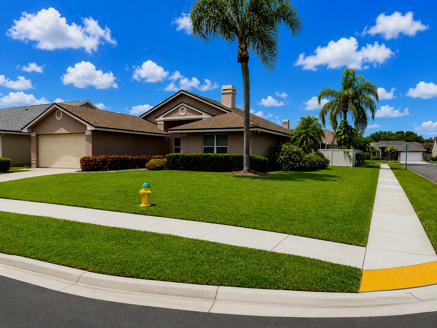 NestPoint corner-lot home with lawn, palms, and a two-car garage