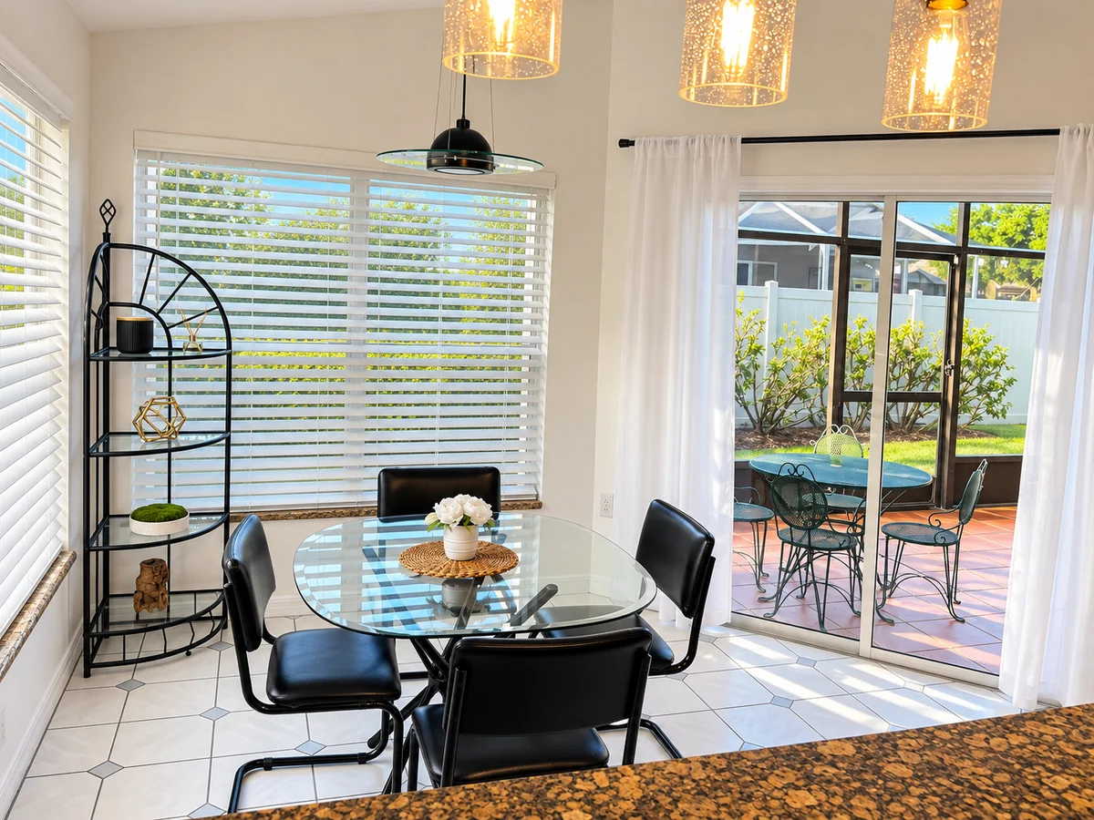 Glass breakfast table and black chairs beside windows and sliding porch doors
