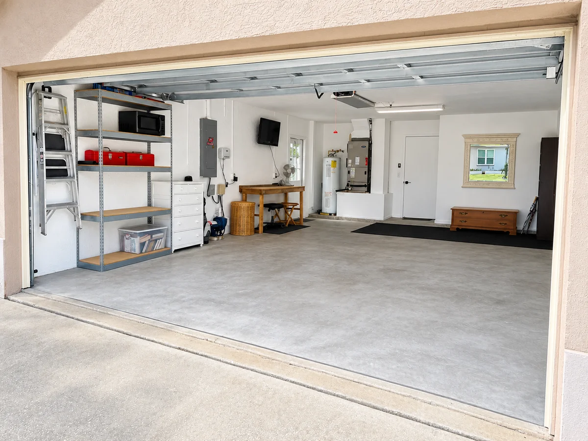 Left side of the garage with shelving and a worktable