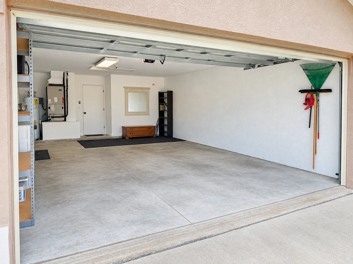 Right-side view of the two-car garage and rear interior door
